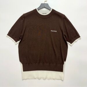 Miu Miu Brown and Cream Short Sleeve Sweater